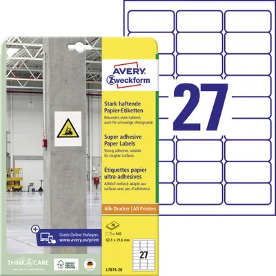 Produktbild von Avery Zweckform L7874-20 Stark haftende Papier-Etiketten, 63,5 x 29,6 mm, 20 Bogen/540 Etiketten, weiß