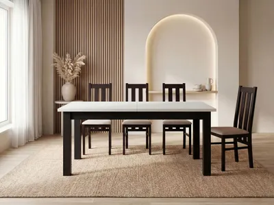 Produktbild von Esstisch Ausziehbar Rechteckig – Platzsparend, Verlängerbar Wohnzimmertisch Küchentisch für 6 personen - 120 × 80 cm bis 160 cm – Schwarze Holzbeine – Hergestellt in EU – Weiß