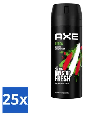 Productafbeelding van 25 x Axe Africa Deodorant Bodyspray - Mandarijn & Sandelhout - 150 ml - Voordeelverpakking - 25 stuks