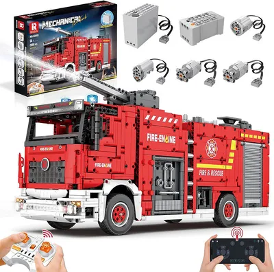 A detailed view of a building block fire truck model, with its components and remote control displayed.