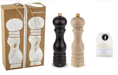 Produktbild von Peugeot Paris Pfeffermühle schoko + Salzmühle natur 22 cm im Set mit 100 gr. Salz in Dekomiro Geschenkverpackung
