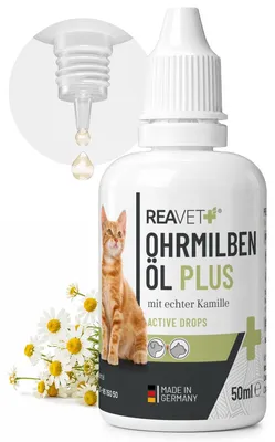 Produktbild von REAVET Ohrmilbenöl Plus 50ml sofort wirksames Mittel für Katzen – gegen Ohrmilben mit Kamille, Sanfte Pflege bei Juckreiz im Ohr, Ohrentropfen Milben, Ohrenreiniger