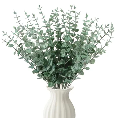 Image de Décoration en eucalyptus de 30 pièces, feuilles d'eucalyptus artificielles, feuilles d'eucalyptus artificielles vert foncé, branches artificielles pour les mariages, les fêtes et la décoration d'intérieur.