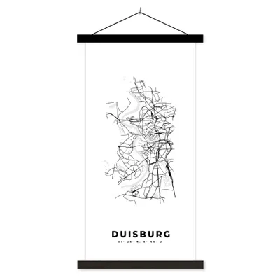 Produktbild von MuchoWow® Textilposter Karte - Stadtplan - Duisburg - Deutschland - Schwarz und weiß 90x180 cm mit schwarzem Rahmen - Dekoration Wohnzimmer