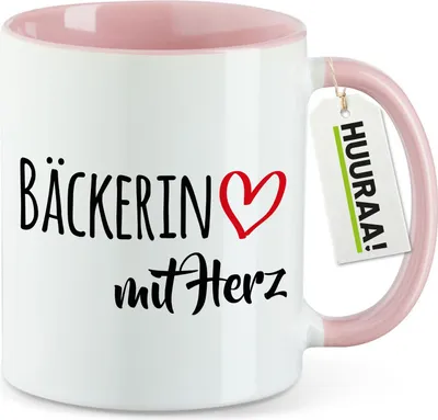 Produktbild von Huuraa Kaffeetasse Bäckerin mit Herz 330ml Rosa Keramik Kaffeebecher Geschenkidee