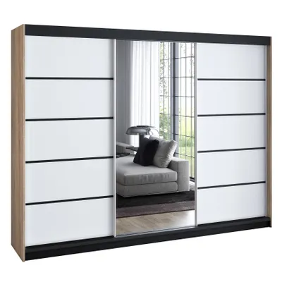 Produktbild von Schwebetürenschrank 200 cm, 3-türig, mit Spiegel & 4 Schubladen, Retro-Stil, modern, in Weiß/Schwarz/Sonoma – Kleiderschrank VILUNO 4