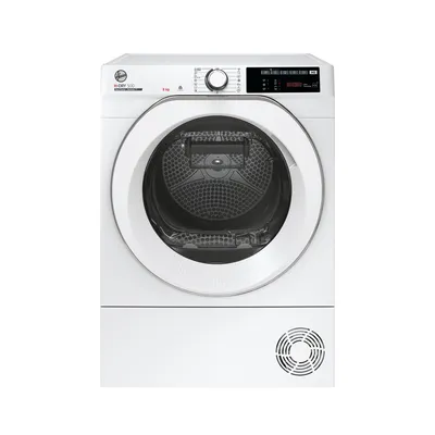 A white Hoover heat pump dryer is shown against a white background.