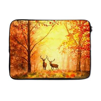 Produktbild von MuchoWow® Laptop Hülle 13 Zoll Natur - Ölfarbe - Hirsche - Tiere - Herbst - Orange Laptoptasche - Laptophülle - Sleeve - Rundumschutz