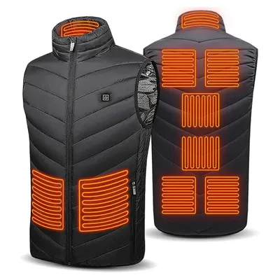 A black heated vest shown from the front and back, with glowing orange heating elements highlighted.