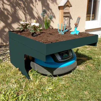 Immagine prodotto di Garage per robot tosaerba con fioriera HWC-G60, tettoia per tosaerba, metallo 37x60x70cm ~ verde