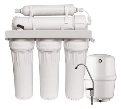 Produktbild von AQUAWATER - 104375 - 5-Stufen-Umkehrosmoseanlage mit 4 Kartuschen (2 Filterkartuschen + 1 Aktivkohlefilter + 1 Vontron-Membrankartusche) + 1 Kaltwasserhahn + 1 11-Liter-Tank + 1 Anschlussset