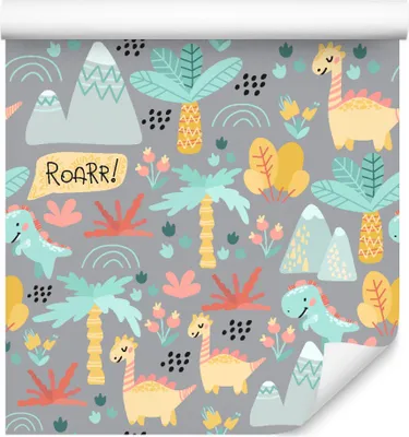 Produktbild von 10m VLIES TAPETE Rolle Kinderzimmer Dinosaurier Blumen Regenbogen XXL