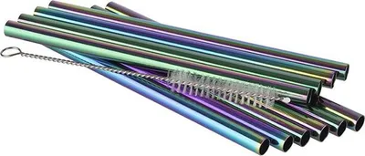 Produktbild von APS 93393 Trinkhalme, Edelstahl, 10er-Set, inkl. Reinigungsbürste, Ø 8 mm, Länge 15 cm, Regenbogen-Look