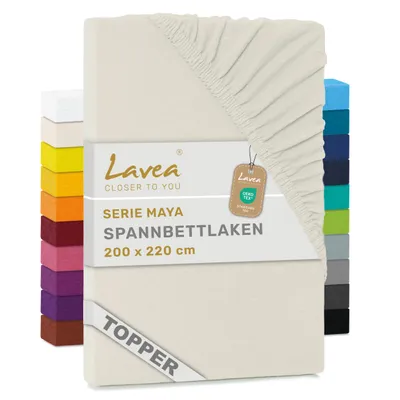 Zdjęcie produktu dla Lavea® Prześcieradło na materac z dodatkową warstwą, 200x220 cm, kolekcja Maya, 100% bawełna dżersej – Miękkie prześcieradło na materac z dodatkową warstwą, pasujące do materacy o grubości do 10 cm – Kremowy, naturalny biały kolor