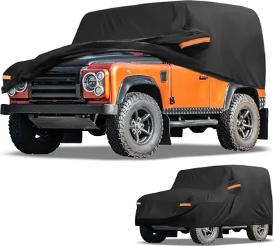 Image de Housse de voiture impermšŠable toutes saisons extšŠrieur automobile anti-UV soleil pluie protection complššte pour Land Rover Defender 90 2020-2024 Noir avec sangles ršŠflšŠchissantes