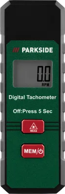 A digital tachometer with a screen and buttons.