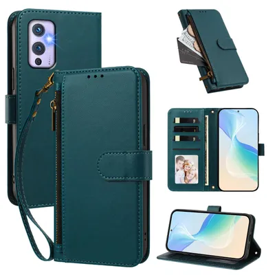 Obrázek produktu pro Peněženkové pouzdro pro OnePlus 9,Polyuretankožené pouzdro s přihrádkami na karty, stojánkem a poutkem na ruku Zelená