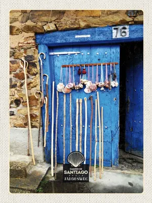 Produktbild von vianmo Holzschild 40x30 cm Spanien Muscheln blaue Tür Gehstock Bildmotiv Reisemotiv Europa