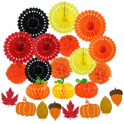 16 orane Herbstdekorationen mit Kürbissen, Pompons und Fächern