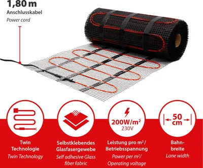 Obrázok produktu pre Elektrické podlahové vykurovanie Vykurovacia rohož s tenkým lôžkom Vykurovacia rohož 200Watt Dlaždice 3,5m²