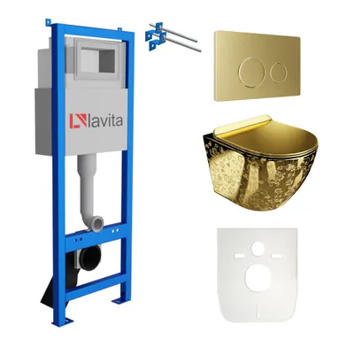 Produktbild von Lavita LAV 101 Vorwandelement für WC 40cm + Wand Hänge Tiefspül WC SOFI SLIM GOLDEN EYE Spülrandlos + Bedienplatte LAV 200.4.5 Gold | Komplettset | Unterputz Spülkasten | Toilette Komplett Sett