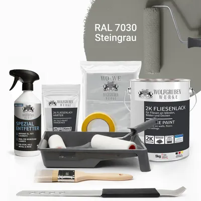 Produktbild von WO-WE Komplettset 2K Fliesenlack Renovierungsset für Küche, Badezimmer, Wand- & Bodenfliesen Steingrau 5Kg