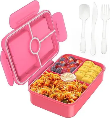 Image de Unyqoos® Boîte à lunch 1100 ml – Boîte à repas pour enfants étanche avec 4 compartiments et couverts (cuillère, couteau, fourchette), 13 x 20 x 7 cm, 330 g, idéale pour la garderie et l'école
