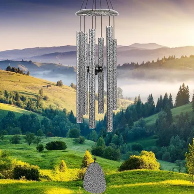 Image de Windspiel 6 tubes, idéal pour le jardin, le balcon ou la terrasse, couleur argent, 32 pouces