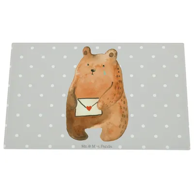 Produktbild von Mr. & Mrs. Panda Glas Schneidbrett Bär Liebesbrief - Grau Pastell - Geschenk, Küchenbrett, Glasschneidebrett, Hackbrett, Schneidplatte, Vermissen, Liebeskummer, Freund