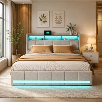 Image de Lit tapissier INONEFT 160x200 cm avec éclairage LED et ports USB, lit double pour adolescents avec 4 tiroirs et 3 compartiments de rangement, en lin, couleur beige, Image générée par une IA