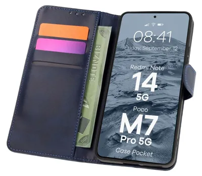 A dark blue flip case for a smartphone, with cards and cash inserted, and the smartphone screen displaying information.