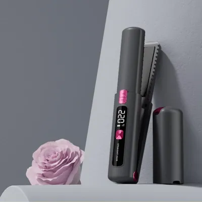 Image de INF Brosse lissante cheveux numérique sans fil LCD — ions négatifs, chauffe 10s, 6 températures, rechargeable Type-C, boucler et lisser Gris