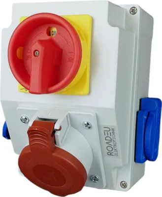 Produktbild von RoadEu Kombi Wandsteckdose 16A 5P, 2x Schuko 230V Steckdosen, Hauptschalter 0-1 mit Blockade. Stromverteiler IP44