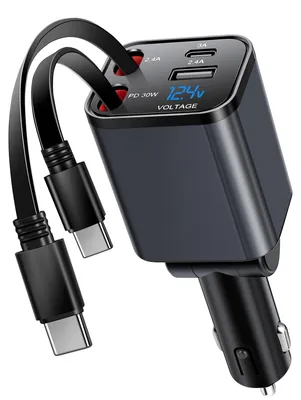 4-in-1 Intrekbare Autolader USB-C Dual Type-C Kabel Schnellladung