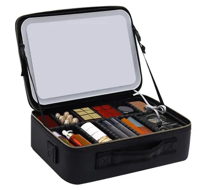 Produktbild von Tragbare Schminktasche mit LED-Spiegel - Kosmetikkoffer - Große Kapazität - 3-stufiges LED-Licht warm/neutral/kalt - 2000 mAh Akku - Herausnehmbare Trennwände - Kunstleder - Schwarz