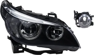 Zdjęcie produktu dla Reflektory pasujące do BMW serii 5 (E60, E61) w latach produkcji 01/2005-03/2007, typ żarówek: D1S, H7, oraz światła przeciwmgielne. Numery części: 63127160194, 63116933176, 63127165568, 6933176, 7160194, 7165568, 63 Johns