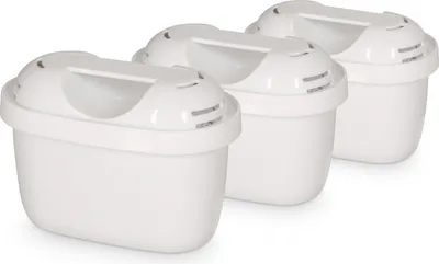 Three white water filter cartridges are arranged diagonally on a white background.