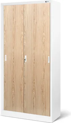 Obrázek produktu pro Kovová kartotéka s posuvnými dveřmi 4 police Práškový lak Uzamykatelná 185 cm x 90 cm x 40 cm Bílá / dub Sonoma