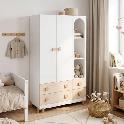 Produktbild von Kinderkleiderschrank 'Vaarentaa' mit 2 Türen 4 Schubladen 156 x 90 x 41 cm Weiß / Eicheoptik