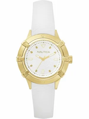 Produktbild von Nautica NAPCPR001 Weiß  Nur ball time clock 3 von frau Nautica collection of capri. Modell mit stahl fall von ip-gold-runder form, 36 mm durchmesser. Diese uhr hat indizes a notches, corona e fund schraube. Uhr mit silikon-bügel. Der all'acqua widerstand ist 50 meter, 5 atm, und quarz analog bewegung. Dater: nein. Die referenz sie napcpr001