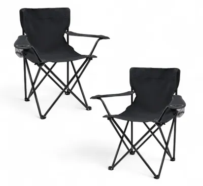 Produktbild von Camping Klappstuhl mit Getränkehalter 2er Set - schwarz - Campingstuhl klappbar mit Tragetasche - Stuhl faltbar für Festival Freizeit Garten Angler Sessel Belastbarkeit bis 100 kg