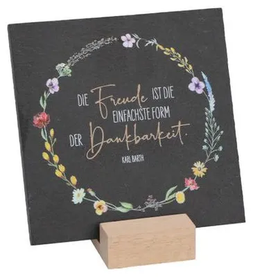 Produktbild von Schiefertafel Die Freude 10 x 10 cm mit Holzsockel und Botschaft