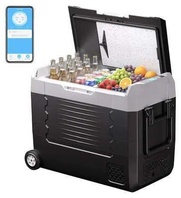 Produktbild von 35L Tragbarer Kompressor Kühlbox mit Bluetooth-App, Elektrisch Autokühlbox Dual-Zone (-20°C bis +20°C) Schneidebrett, 12V/24V/230V, Rollen & Trennwand