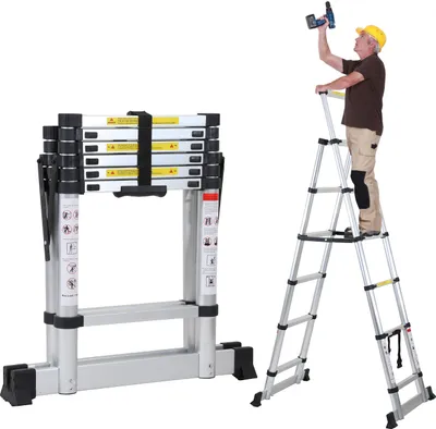 Zdjęcie produktu dla Aluminiowa drabina teleskopowa Izrielar 2.0M srebrna, drabina wysuwana składana, drabina wielofunkcyjna, drabina schodowa, drabina domowa, drabina zewnętrzna, udźwig 150 kg