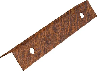 A rusty metal corner bracket with two holes, isolated on a white background.