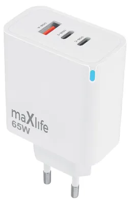 Immagine prodotto di Maxlife Caricabatterie da parete GAN PD QC Mxtc-09-65Acc, 2 porte USB-C, 1 porta USB, 65W, bianco