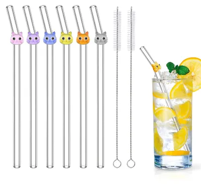 Glasstrohhalme 6er Set bruchsicher mit Katzenanhänger