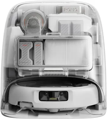A transparent view of a robot vacuum cleaner, showing its internal components.