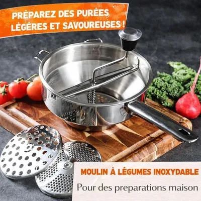Image de Moulin à Légumes Manuel en Acier Inoxydable Ø 20 cm – 3 Disques Interchangeables