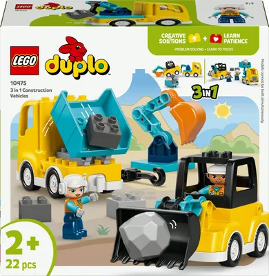 Productafbeelding van LEGO DUPLO 3-in-1 Bouwvoertuigen - Educatief Montessori speelgoed voor peuters, met een vrachtwagen, graafmachine en wiellader - Verjaardagscadeau voor jongens en meisjes vanaf 2 jaar - 10475